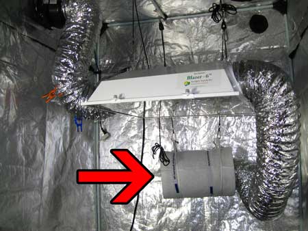 Example of a carbon scrubber that's been set up in a cannabis grow tent as part of the exhaust system