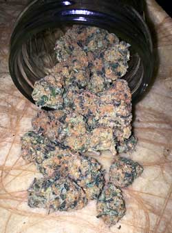 An ounce of colorful cannabis nugs spilling out of a glass jar