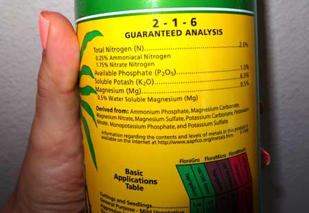 Example of the label on a nutrient bottle - the guaranteed analysis tells you want's inside the bottle