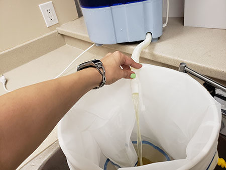 Draining the weed-water into the bucket containing the bubble bags