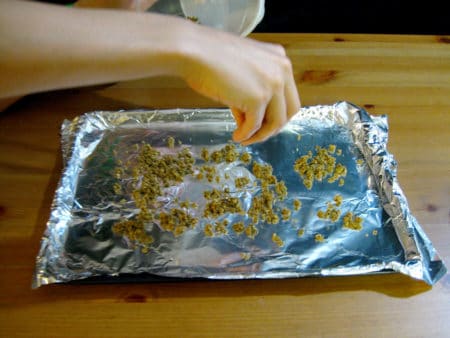 Ground up cannabis being spread out on a baking sheet