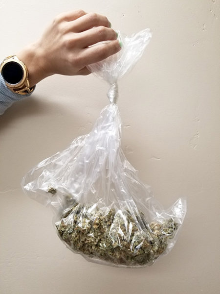 Nebula holding another ounce of weed in a oven bag.