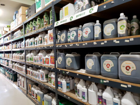 This hydroponics store contains shelves of nutrients and supplements that have been designed for growing marijuana