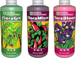 General Hydroponics Flora trio is great for soil, coco coir, or hydroponic grows, and gets extremely fast cannabis growth when used as directed