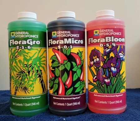 General Hydroponics is the name of a company that makes nutrients, potting mixes, and pH adjustment kits among many other things. They have been producing a nutrient line called the Flora Trio since the 1970s, and I've used it on and off since I started growing in 2008. I keep trying other nutrient lines for growing cannabis, and then coming back to the Flora series.
