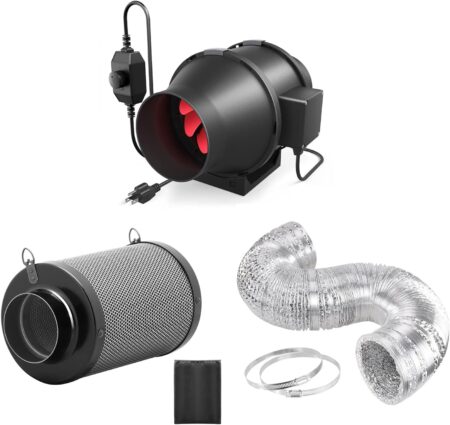 This iPower 4 Inch 200 CFM Exhaust Inline Fan with Speed Controller and Air Carbon Filter costs $90 and includes a loud but effective exhaust fan and a matching carbon filter to scrub smells.