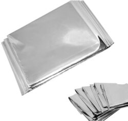 Emergency blankets are usually made of mylar, but they tend to come folded up instead of in a roll (making them easy to crease). These blankets tend to be very thin and easy to tear by accident. One of the advantages is these blankets are cheap so can be replaced often, but it is difficult to get them to lay flat against your walls.