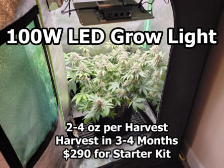 If you want to start growing weed without spending a fortune, this small cannabis grow kit with a 100W LED is great. This cannabis setup is more forgiving than the tiny mini tent setup because it has extra height and yields a bit more. It also gives you more room to expand if you decide to go bigger in the future. This setup has been designed to produce several ounces of high-quality bud in a small 2’x2’x4′  grow tent without any sounds or smells to give it away. It will produce up to 4 oz every 3-4 months.