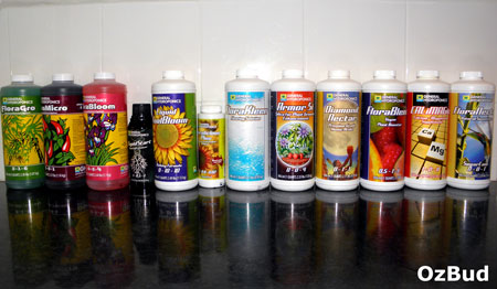 The complete General Hydroponics Flora Series nutrient lineup for growing cannabis, by OzBud