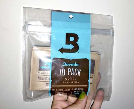 A bag of 10 Boveda 62% humidity control packs for curing cannabis to perfection