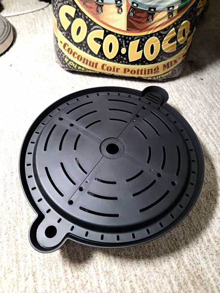 AC Infinity auto-watering pot assembled - you can see the FoxFarm COCO LOCO soil for growing cannabis