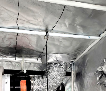 Plant wire is hung across the top of the grow tent for cannabis plant yo-yos later
