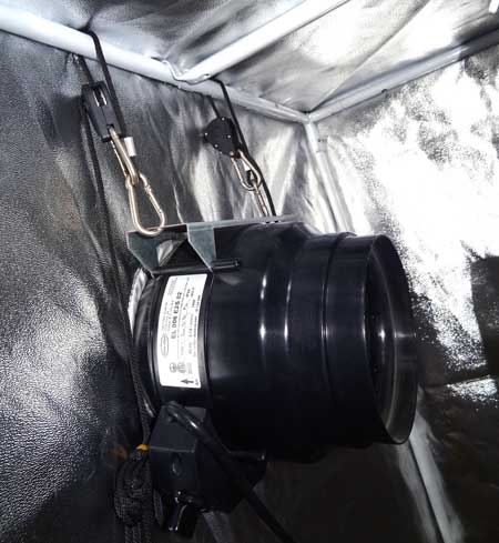 Hang an exhaust fan from the inside of the cannabis tent to reduce noise and vent heat.